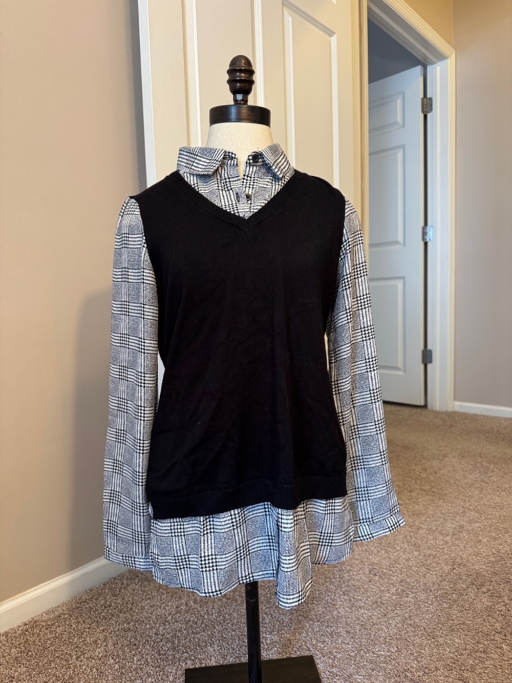 Adrianna Papell Faux Layered Plaid Button Down with Black Vest Overlay